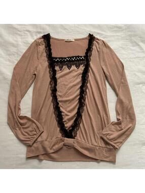 Axes Femme pink and black lace long sleeve top with pearl details